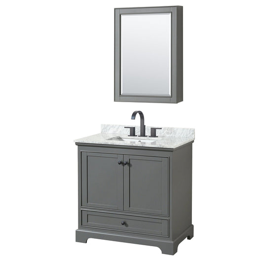 Wyndham Collection Deborah 36" Single Bathroom Vanity in Dark Gray, White Carrara Marble Countertop, Undermount Square Sink, Matte Black Trim, Medicine Cabinet