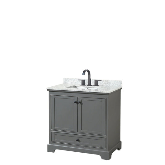 Wyndham Collection Deborah 36" Single Bathroom Vanity in Dark Gray, White Carrara Marble Countertop, Undermount Square Sink, Matte Black Trim