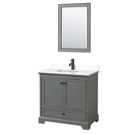 Wyndham Collection Deborah 36" Single Bathroom Vanity in Dark Gray, White Cultured Marble Countertop, Undermount Square Sink, Matte Black Trim, 24" Mirror