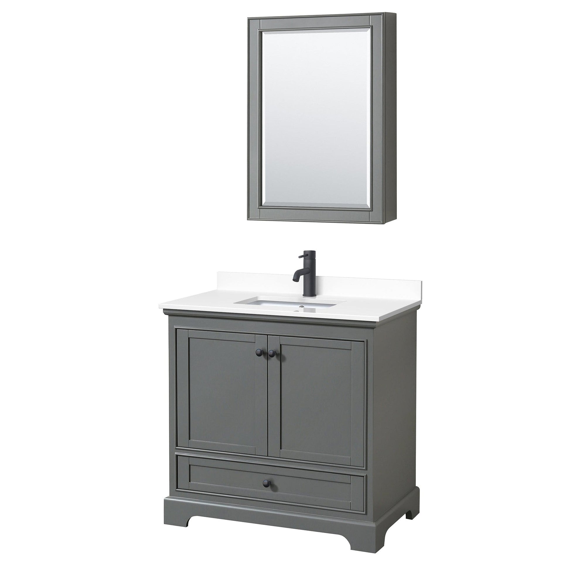 Wyndham Collection Deborah 36" Single Bathroom Vanity in Dark Gray, White Cultured Marble Countertop, Undermount Square Sink, Matte Black Trim, Medicine Cabinet