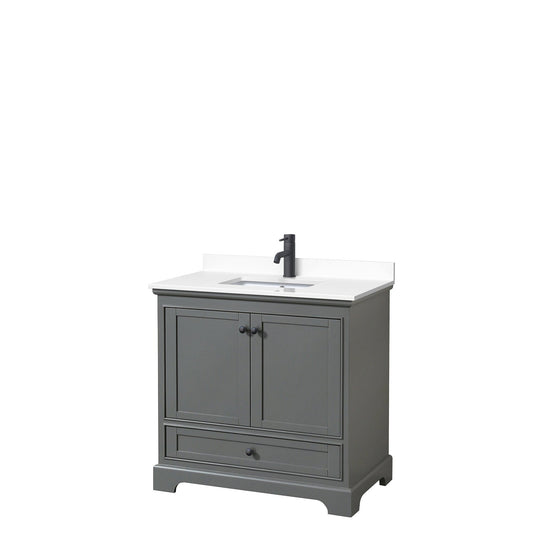 Wyndham Collection Deborah 36" Single Bathroom Vanity in Dark Gray, White Cultured Marble Countertop, Undermount Square Sink, Matte Black Trim