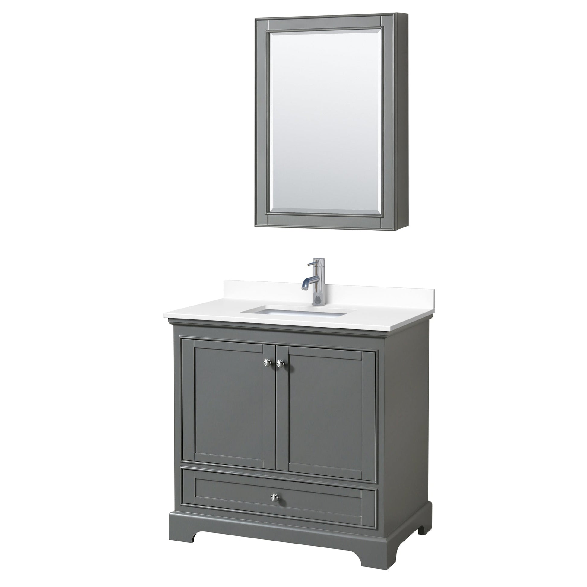 Wyndham Collection Deborah 36" Single Bathroom Vanity in Dark Gray, White Cultured Marble Countertop, Undermount Square Sink, Medicine Cabinet