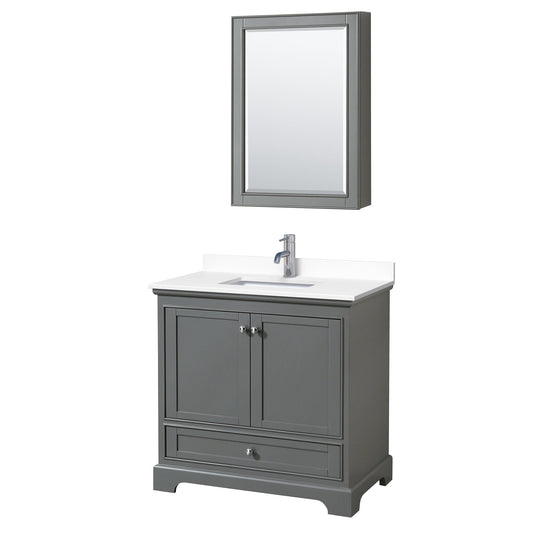 Wyndham Collection Deborah 36" Single Bathroom Vanity in Dark Gray, White Cultured Marble Countertop, Undermount Square Sink, Medicine Cabinet