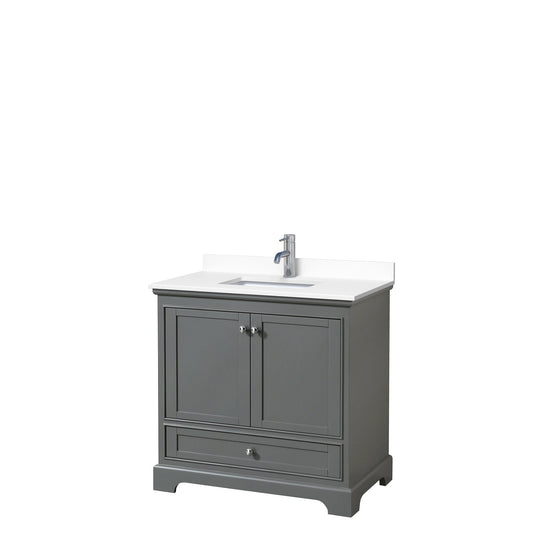 Wyndham Collection Deborah 36" Single Bathroom Vanity in Dark Gray, White Cultured Marble Countertop, Undermount Square Sink, No Mirror