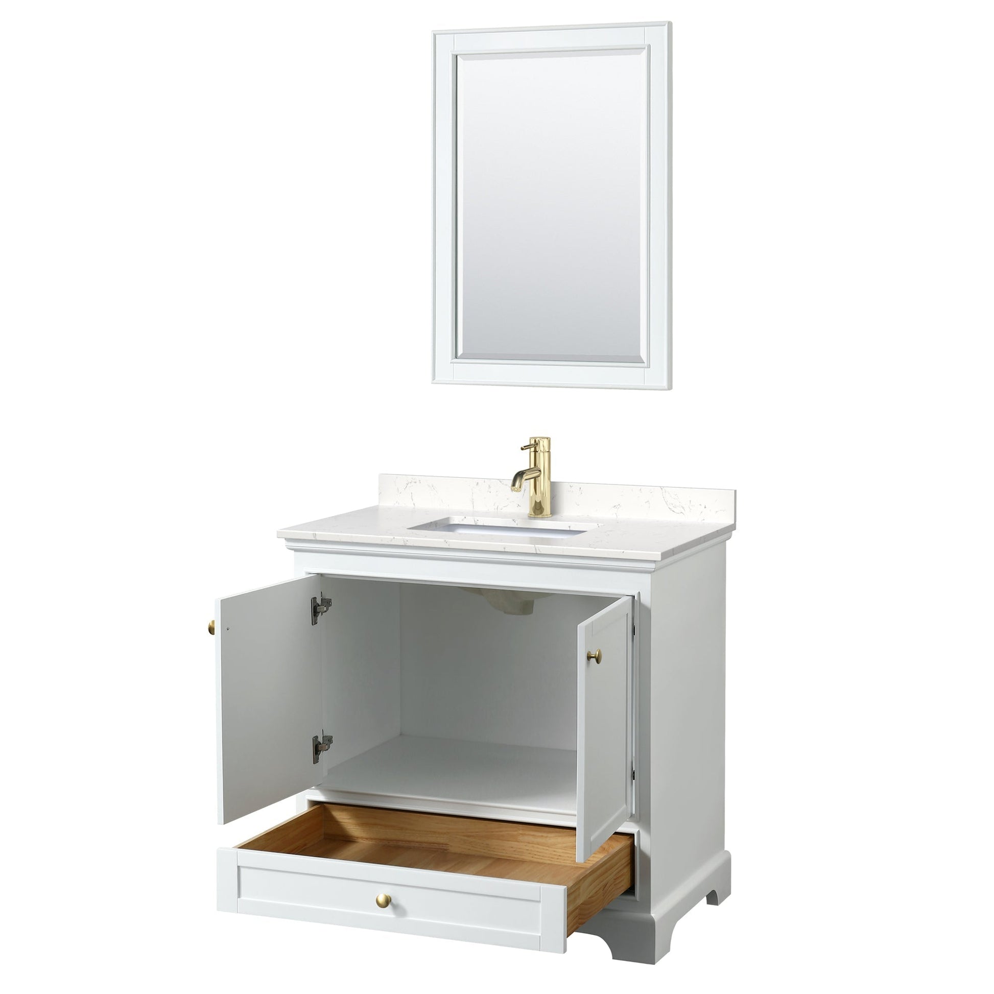 Wyndham Collection Deborah 36" Single Bathroom Vanity in White, Carrara Cultured Marble Countertop, Undermount Square Sink, Brushed Gold Trim, 24" Mirror