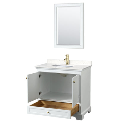 Wyndham Collection Deborah 36" Single Bathroom Vanity in White, Carrara Cultured Marble Countertop, Undermount Square Sink, Brushed Gold Trim, 24" Mirror