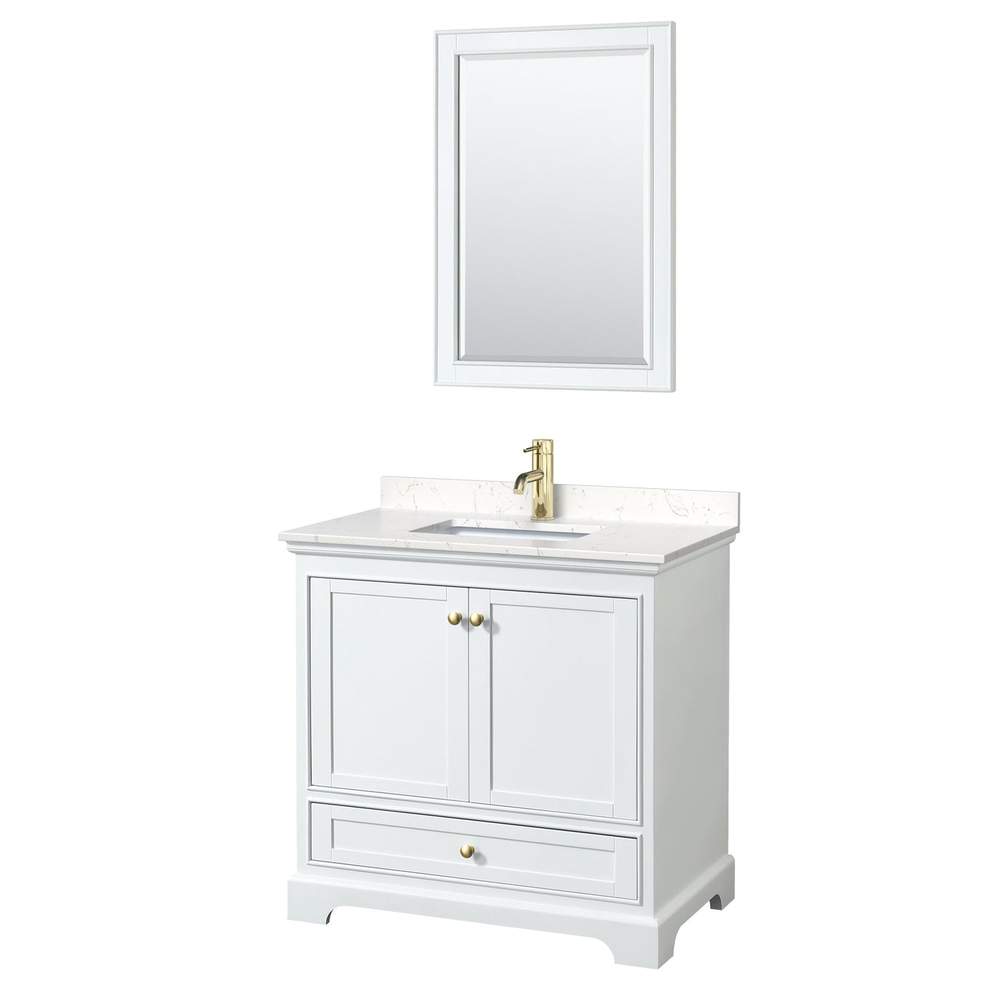 Wyndham Collection Deborah 36" Single Bathroom Vanity in White, Carrara Cultured Marble Countertop, Undermount Square Sink, Brushed Gold Trim, 24" Mirror
