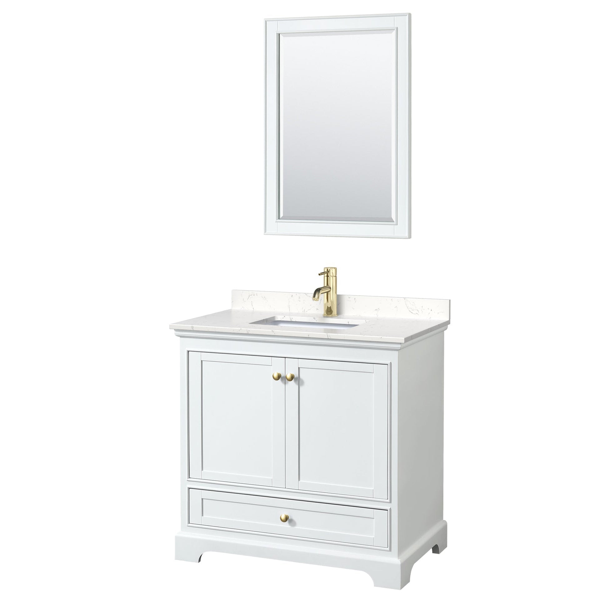 Wyndham Collection Deborah 36" Single Bathroom Vanity in White, Carrara Cultured Marble Countertop, Undermount Square Sink, Brushed Gold Trim, 24" Mirror