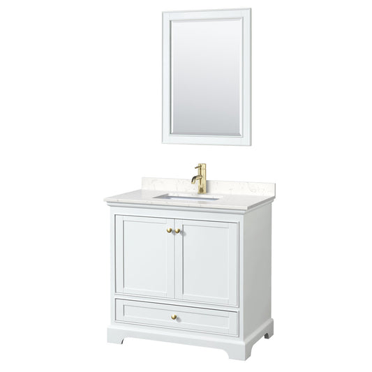 Wyndham Collection Deborah 36" Single Bathroom Vanity in White, Carrara Cultured Marble Countertop, Undermount Square Sink, Brushed Gold Trim, 24" Mirror