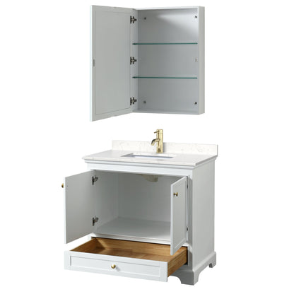 Wyndham Collection Deborah 36" Single Bathroom Vanity in White, Carrara Cultured Marble Countertop, Undermount Square Sink, Brushed Gold Trim, Medicine Cabinet