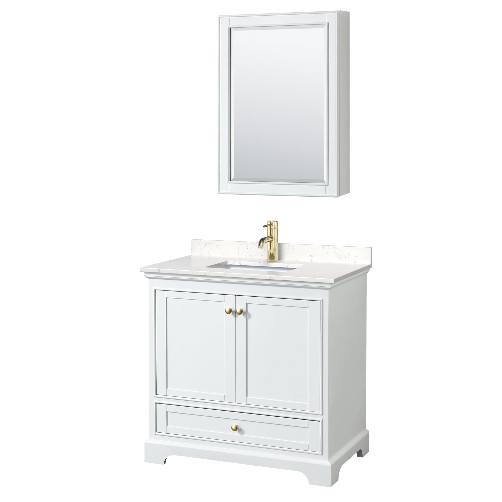 Wyndham Collection Deborah 36" Single Bathroom Vanity in White, Carrara Cultured Marble Countertop, Undermount Square Sink, Brushed Gold Trim, Medicine Cabinet