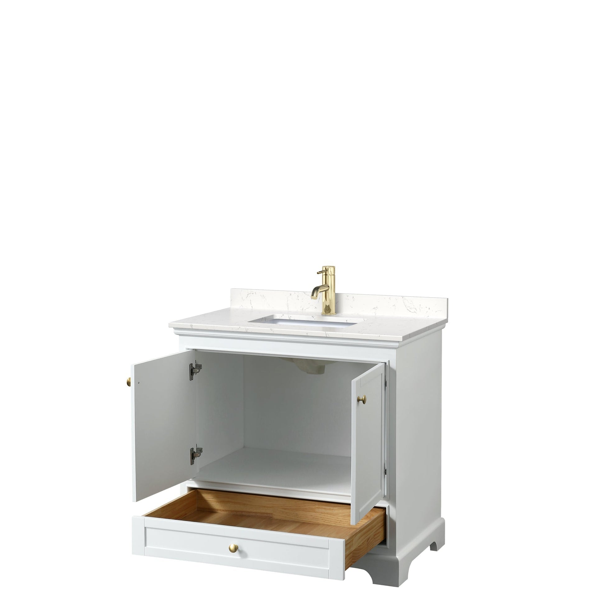 Wyndham Collection Deborah 36" Single Bathroom Vanity in White, Carrara Cultured Marble Countertop, Undermount Square Sink, Brushed Gold Trim, No Mirror