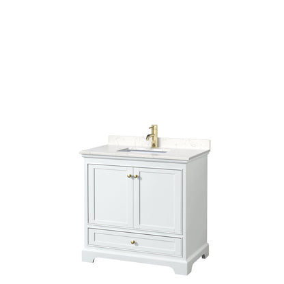 Wyndham Collection Deborah 36" Single Bathroom Vanity in White, Carrara Cultured Marble Countertop, Undermount Square Sink, Brushed Gold Trim, No Mirror