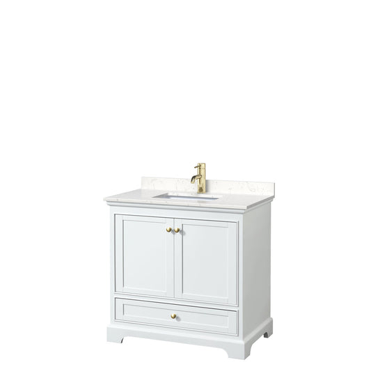 Wyndham Collection Deborah 36" Single Bathroom Vanity in White, Carrara Cultured Marble Countertop, Undermount Square Sink, Brushed Gold Trim, No Mirror