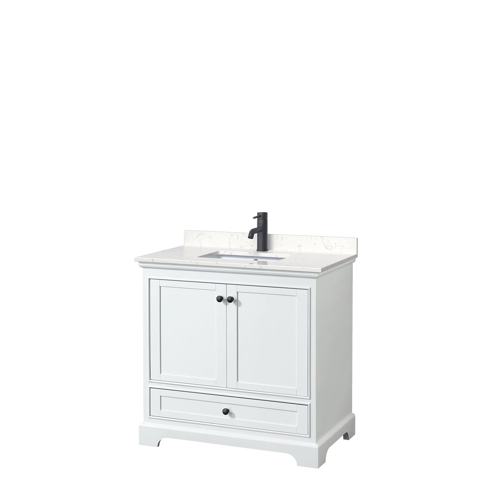 Wyndham Collection Deborah 36" Single Bathroom Vanity in White, Carrara Cultured Marble Countertop, Undermount Square Sink, Matte Black Trim