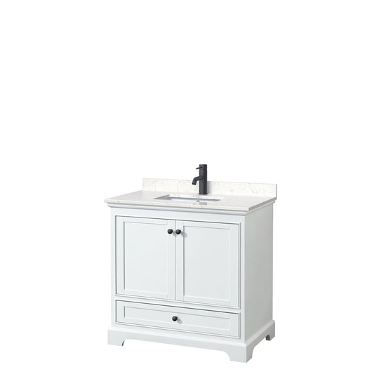 Wyndham Collection Deborah 36" Single Bathroom Vanity in White, Carrara Cultured Marble Countertop, Undermount Square Sink, Matte Black Trim