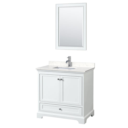 Wyndham Collection Deborah 36" Single Bathroom Vanity in White, Light-Vein Carrara Cultured Marble Countertop, Undermount Square Sink, 24" Mirror