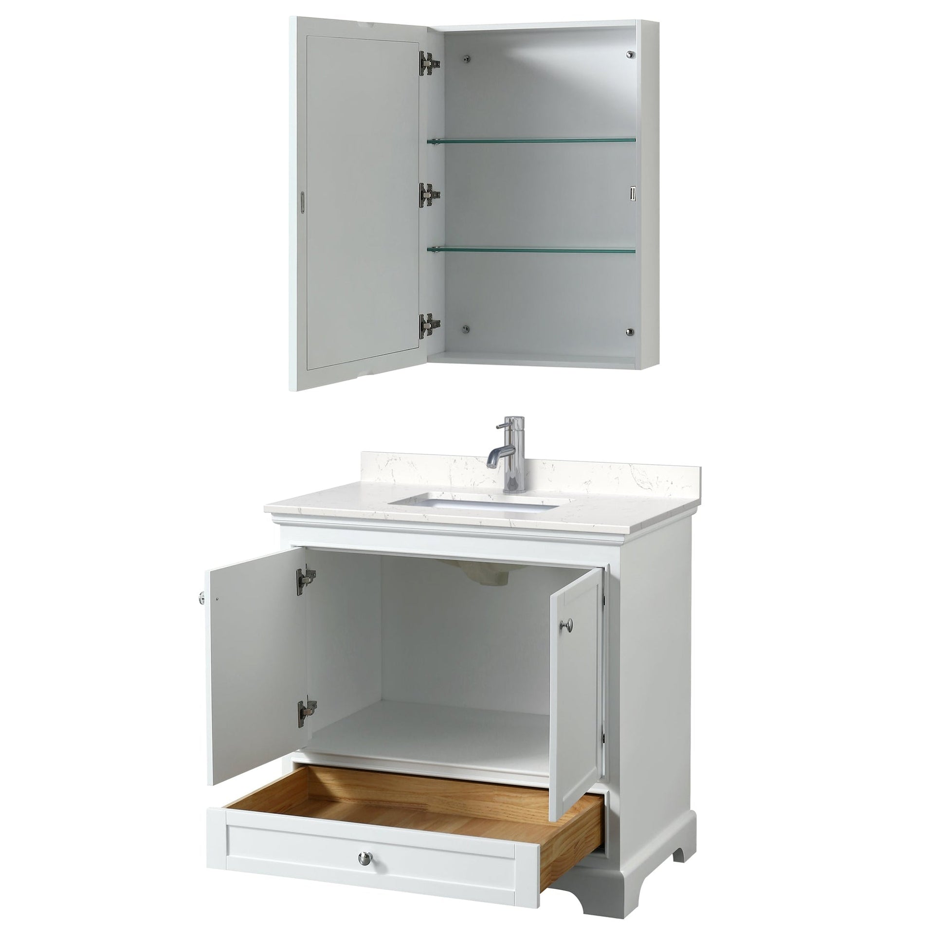 Wyndham Collection Deborah 36" Single Bathroom Vanity in White, Light-Vein Carrara Cultured Marble Countertop, Undermount Square Sink, Medicine Cabinet