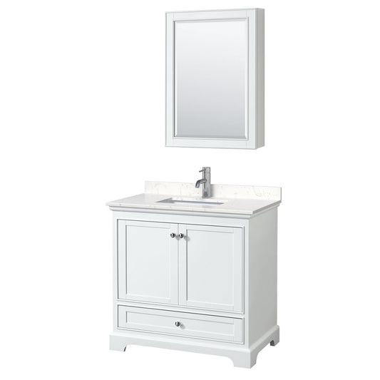 Wyndham Collection Deborah 36" Single Bathroom Vanity in White, Light-Vein Carrara Cultured Marble Countertop, Undermount Square Sink, Medicine Cabinet