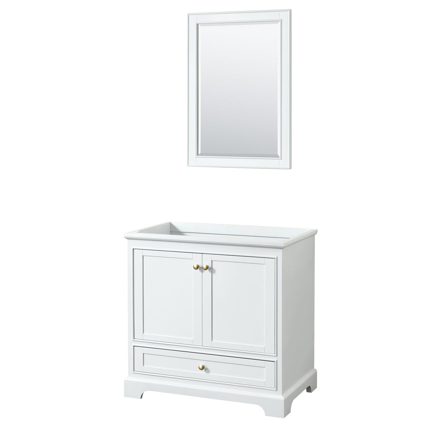 Wyndham Collection Deborah 36" Single Bathroom Vanity in White, No Countertop, No Sink, Brushed Gold Trim, 24" Mirror
