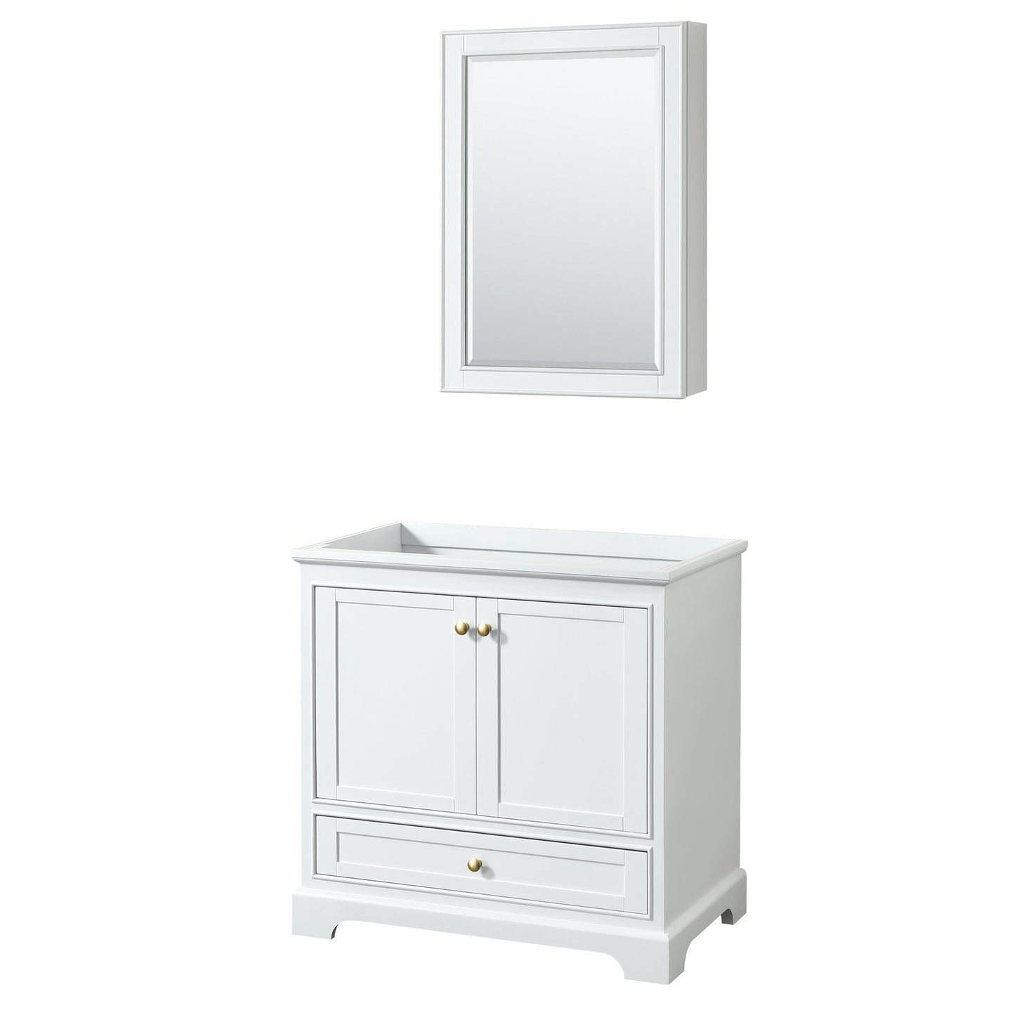 Wyndham Collection Deborah 36" Single Bathroom Vanity in White, No Countertop, No Sink, Brushed Gold Trim, Medicine Cabinet