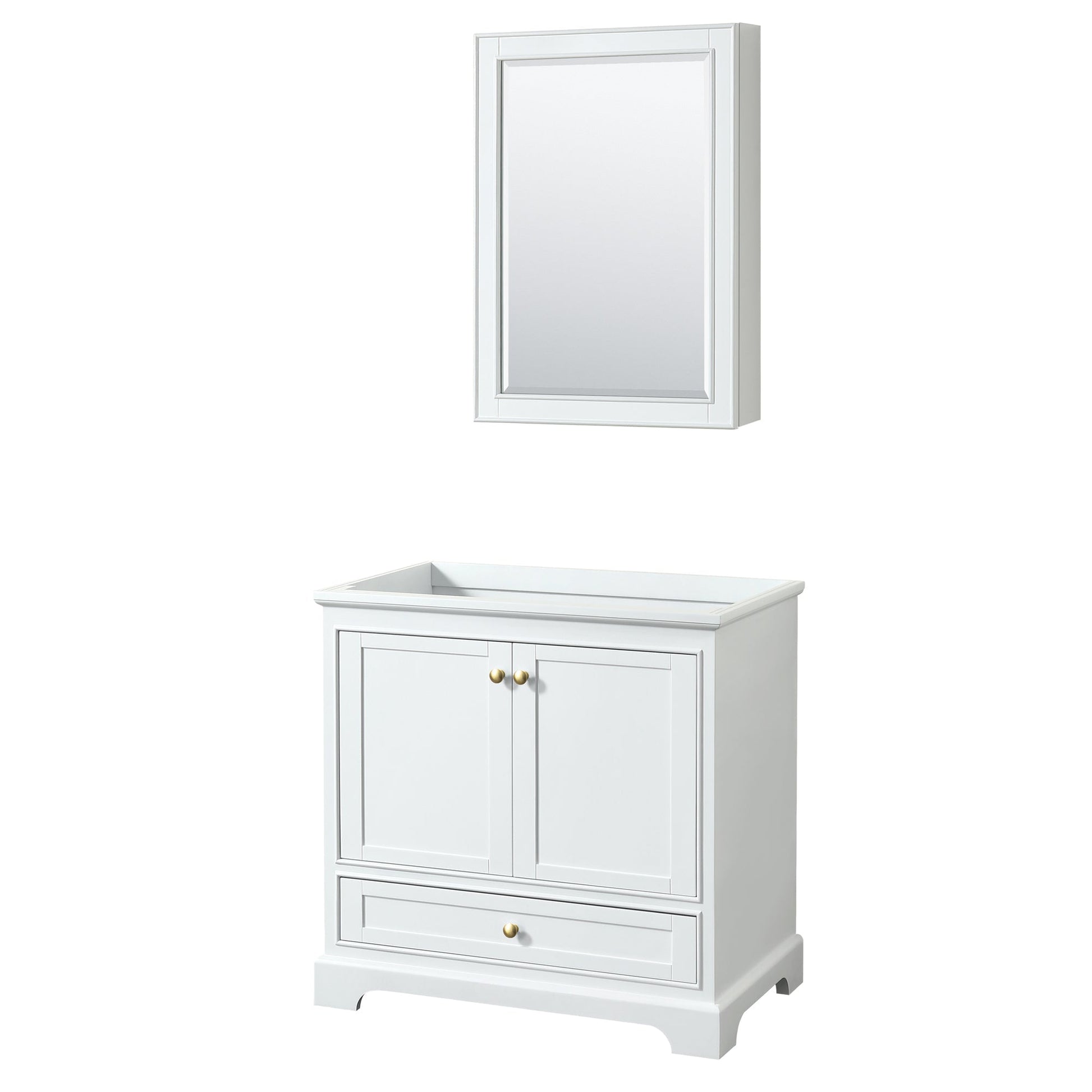Wyndham Collection Deborah 36" Single Bathroom Vanity in White, No Countertop, No Sink, Brushed Gold Trim, Medicine Cabinet