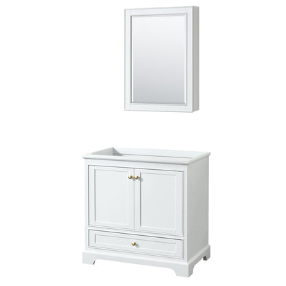 Wyndham Collection Deborah 36" Single Bathroom Vanity in White, No Countertop, No Sink, Brushed Gold Trim, Medicine Cabinet