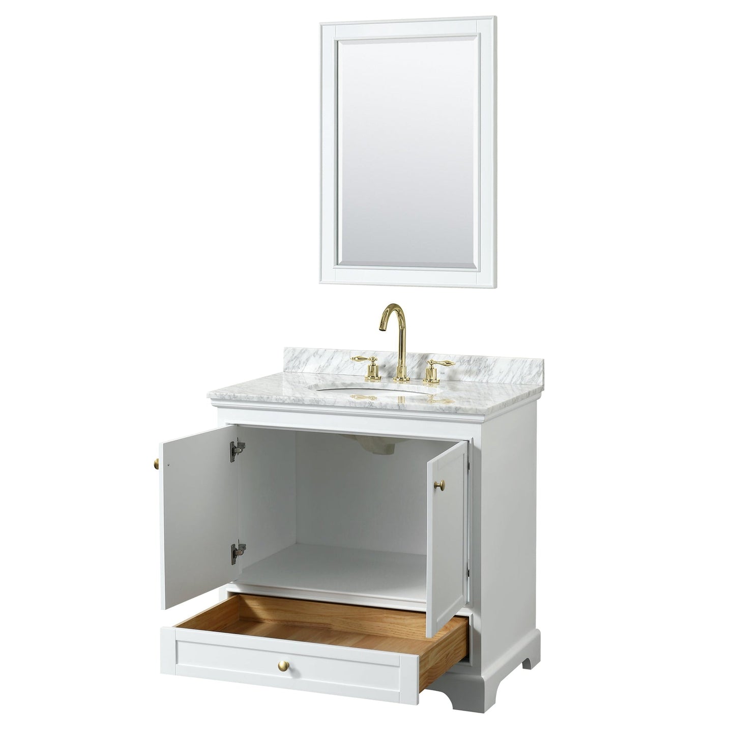 Wyndham Collection Deborah 36" Single Bathroom Vanity in White, White Carrara Marble Countertop, Undermount Oval Sink, Brushed Gold Trim, 24" Mirror