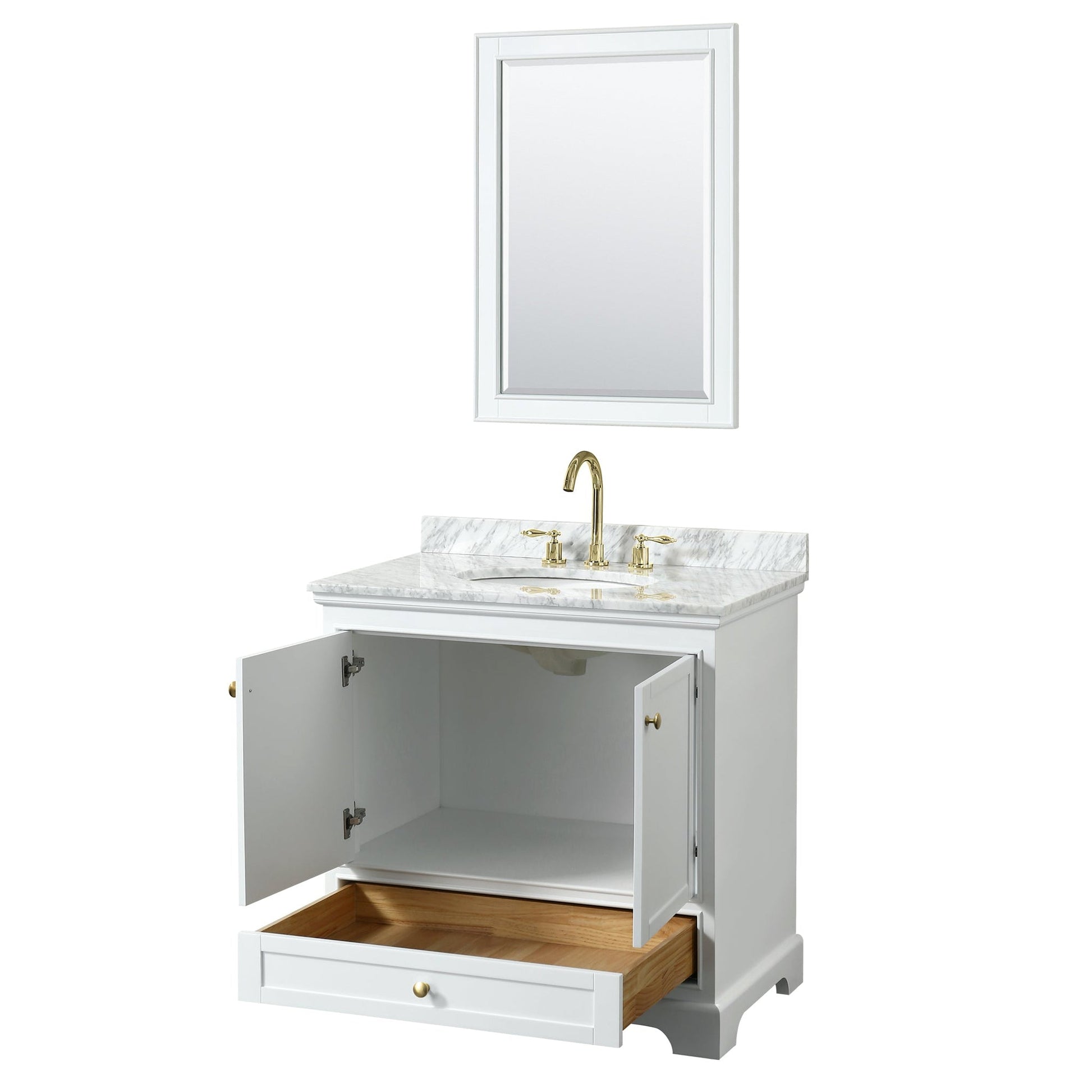 Wyndham Collection Deborah 36" Single Bathroom Vanity in White, White Carrara Marble Countertop, Undermount Oval Sink, Brushed Gold Trim, 24" Mirror