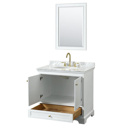 Wyndham Collection Deborah 36" Single Bathroom Vanity in White, White Carrara Marble Countertop, Undermount Oval Sink, Brushed Gold Trim, 24" Mirror