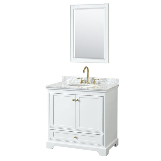 Wyndham Collection Deborah 36" Single Bathroom Vanity in White, White Carrara Marble Countertop, Undermount Oval Sink, Brushed Gold Trim, 24" Mirror