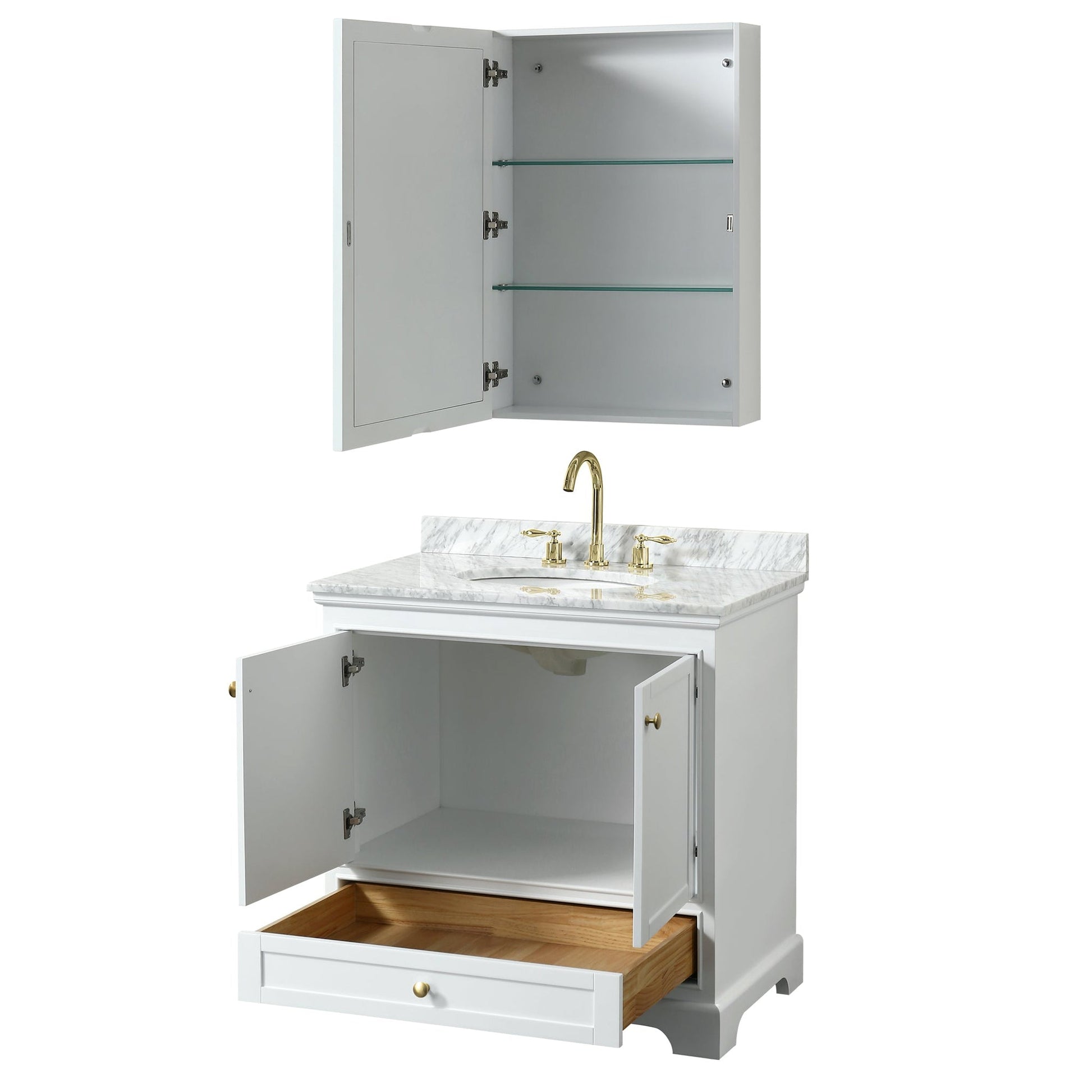 Wyndham Collection Deborah 36" Single Bathroom Vanity in White, White Carrara Marble Countertop, Undermount Oval Sink, Brushed Gold Trim, Medicine Cabinet