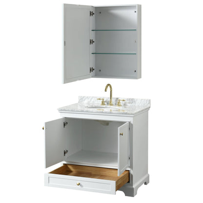 Wyndham Collection Deborah 36" Single Bathroom Vanity in White, White Carrara Marble Countertop, Undermount Oval Sink, Brushed Gold Trim, Medicine Cabinet