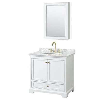 Wyndham Collection Deborah 36" Single Bathroom Vanity in White, White Carrara Marble Countertop, Undermount Oval Sink, Brushed Gold Trim, Medicine Cabinet