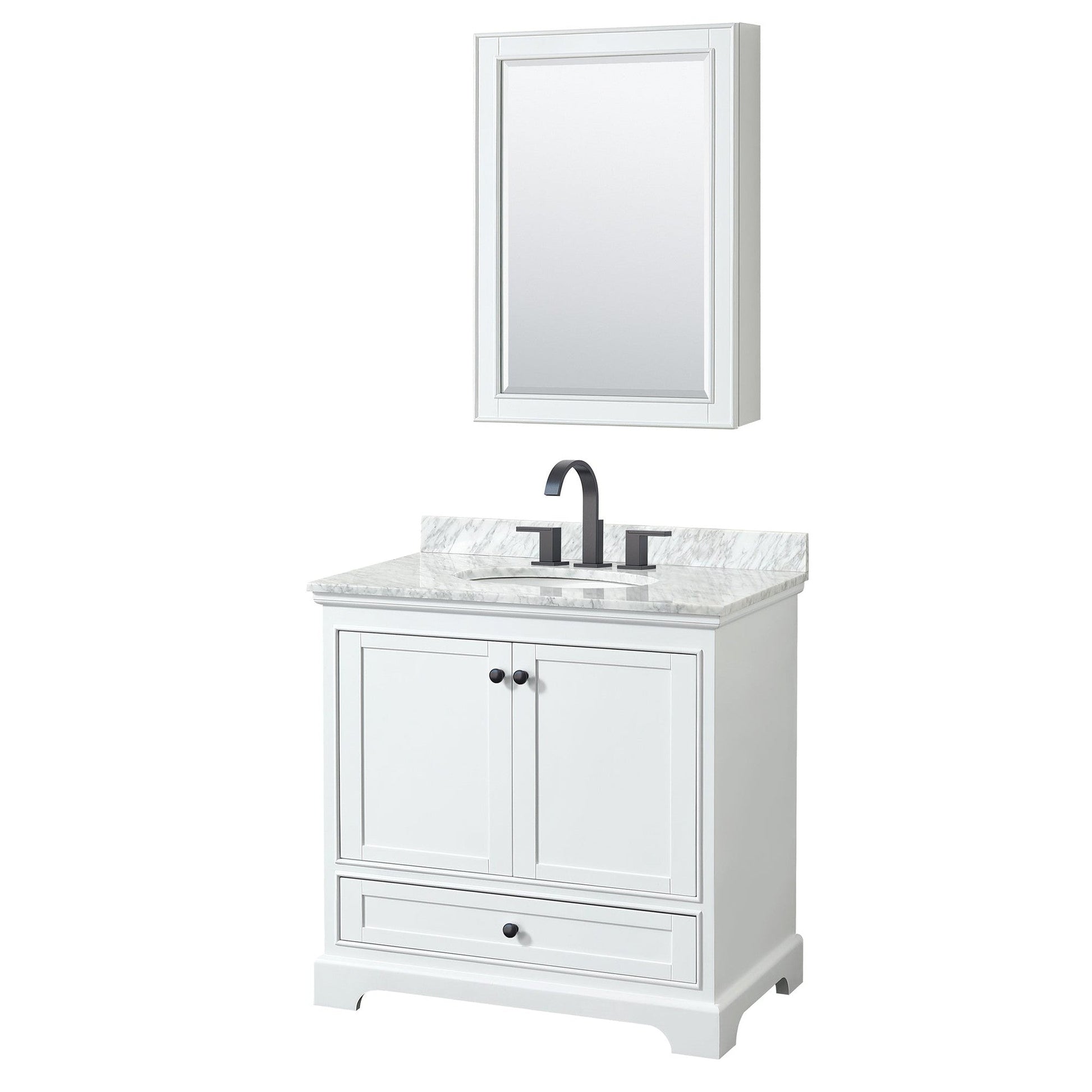 Wyndham Collection Deborah 36" Single Bathroom Vanity in White, White Carrara Marble Countertop, Undermount Oval Sink, Matte Black Trim, Medicine Cabinet