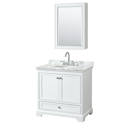 Wyndham Collection Deborah 36" Single Bathroom Vanity in White, White Carrara Marble Countertop, Undermount Oval Sink, and Medicine Cabinet