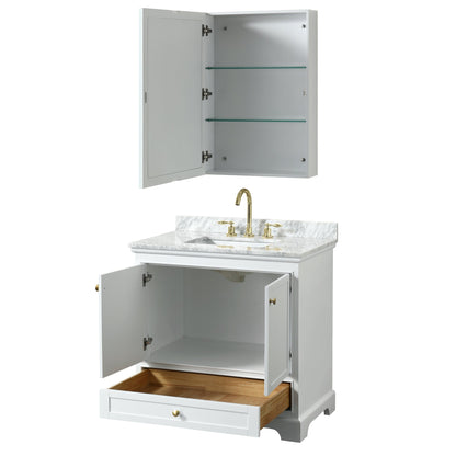 Wyndham Collection Deborah 36" Single Bathroom Vanity in White, White Carrara Marble Countertop, Undermount Square Sink, Brushed Gold Trim, Medicine Cabinet