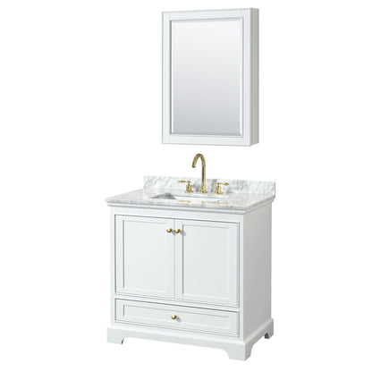Wyndham Collection Deborah 36" Single Bathroom Vanity in White, White Carrara Marble Countertop, Undermount Square Sink, Brushed Gold Trim, Medicine Cabinet