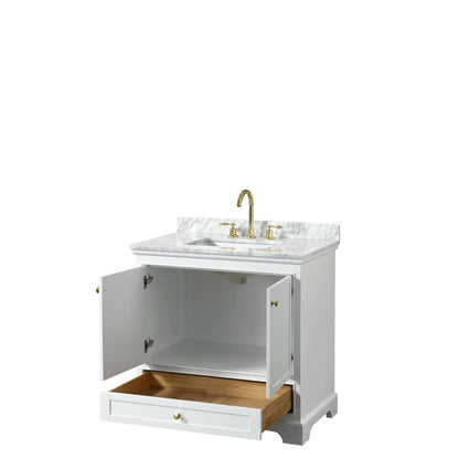 Wyndham Collection Deborah 36" Single Bathroom Vanity in White, White Carrara Marble Countertop, Undermount Square Sink, Brushed Gold Trim, No Mirror