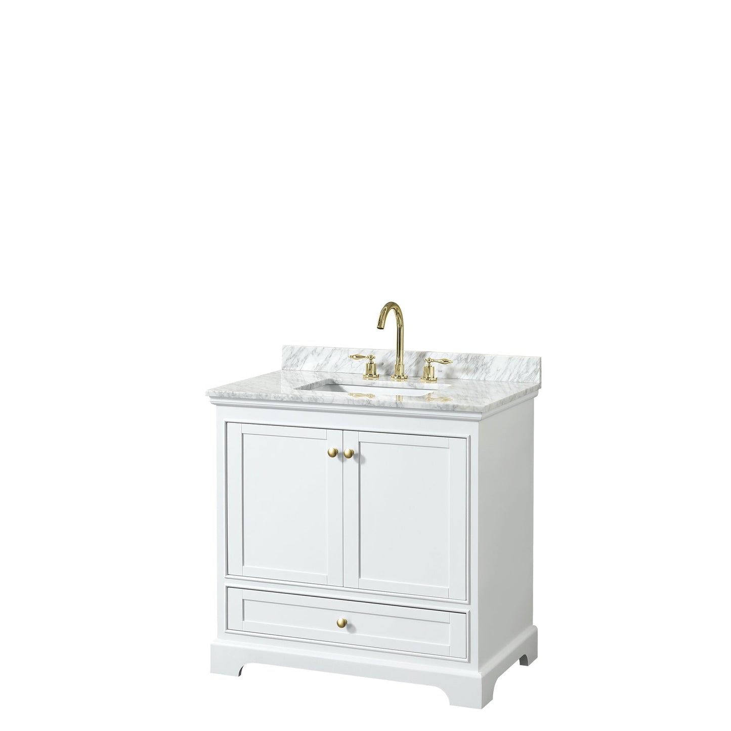 Wyndham Collection Deborah 36" Single Bathroom Vanity in White, White Carrara Marble Countertop, Undermount Square Sink, Brushed Gold Trim, No Mirror