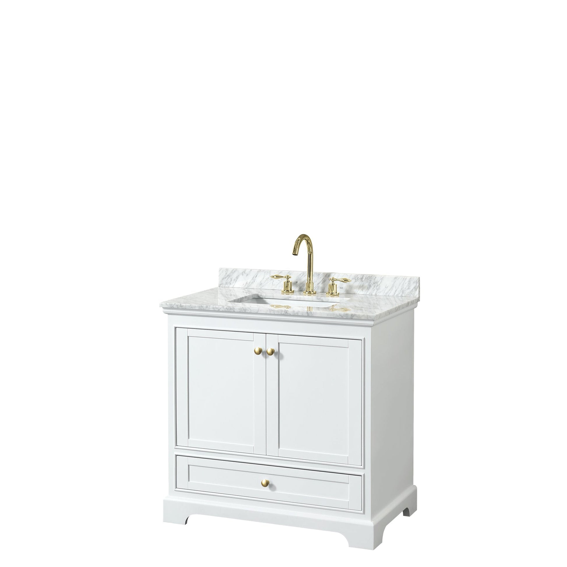 Wyndham Collection Deborah 36" Single Bathroom Vanity in White, White Carrara Marble Countertop, Undermount Square Sink, Brushed Gold Trim, No Mirror