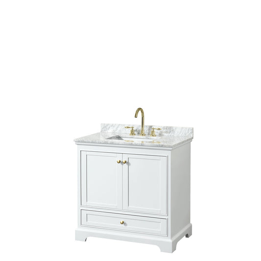 Wyndham Collection Deborah 36" Single Bathroom Vanity in White, White Carrara Marble Countertop, Undermount Square Sink, Brushed Gold Trim, No Mirror
