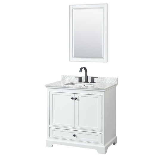 Wyndham Collection Deborah 36" Single Bathroom Vanity in White, White Carrara Marble Countertop, Undermount Square Sink, Matte Black Trim, 24" Mirror