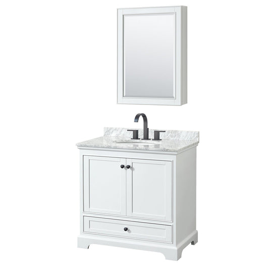 Wyndham Collection Deborah 36" Single Bathroom Vanity in White, White Carrara Marble Countertop, Undermount Square Sink, Matte Black Trim, Medicine Cabinet
