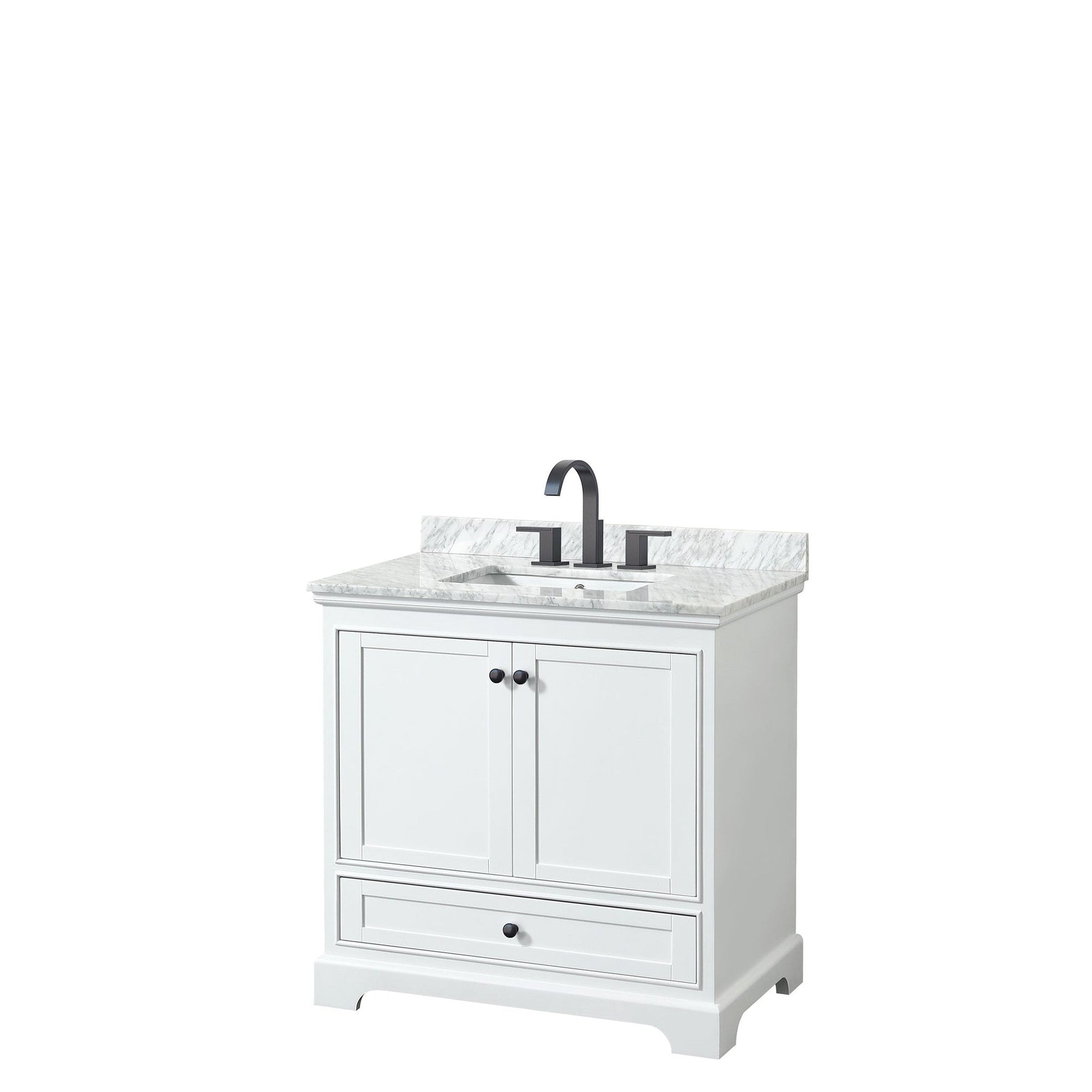 Wyndham Collection Deborah 36" Single Bathroom Vanity in White, White Carrara Marble Countertop, Undermount Square Sink, Matte Black Trim
