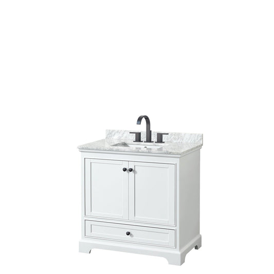 Wyndham Collection Deborah 36" Single Bathroom Vanity in White, White Carrara Marble Countertop, Undermount Square Sink, Matte Black Trim