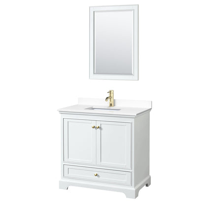 Wyndham Collection Deborah 36" Single Bathroom Vanity in White, White Cultured Marble Countertop, Undermount Square Sink, Brushed Gold Trim, 24" Mirror
