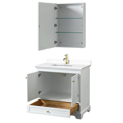 Wyndham Collection Deborah 36" Single Bathroom Vanity in White, White Cultured Marble Countertop, Undermount Square Sink, Brushed Gold Trim, Medicine Cabinet
