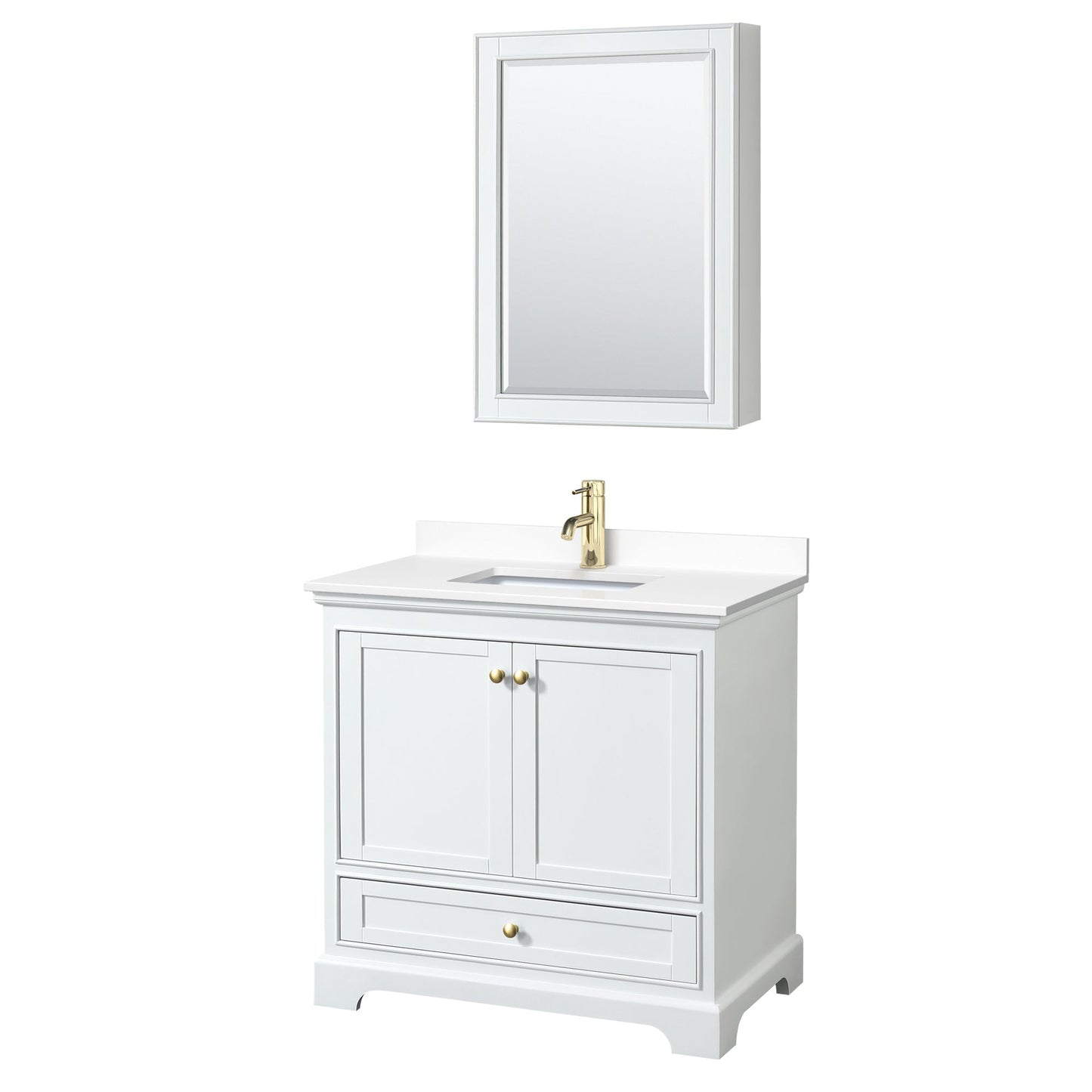 Wyndham Collection Deborah 36" Single Bathroom Vanity in White, White Cultured Marble Countertop, Undermount Square Sink, Brushed Gold Trim, Medicine Cabinet