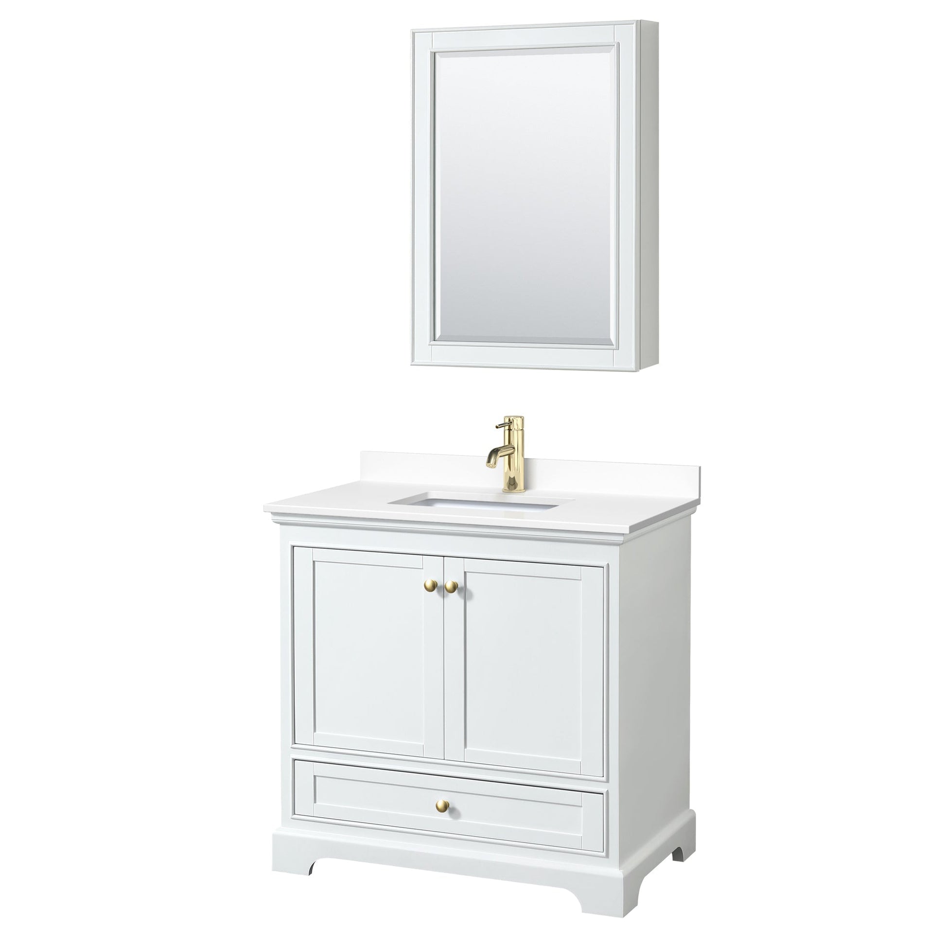 Wyndham Collection Deborah 36" Single Bathroom Vanity in White, White Cultured Marble Countertop, Undermount Square Sink, Brushed Gold Trim, Medicine Cabinet